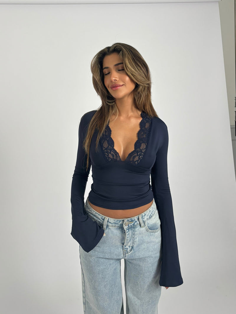 Liora™ | Lace Detail Top – Navy Blue
