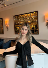 Elodie™ | Tie-Front Long Sleeve Top – Black