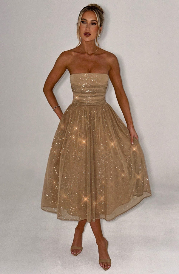 Luna™ | Gold Sparkle Midi Dress
